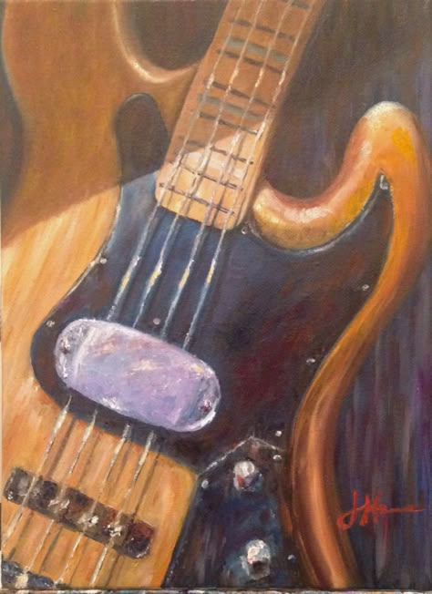 Painted this for my Brother the Bass Player and his 60th birthday.  10x14 oil on canvas. Music In Art Gcse, Painting Bass Guitar, Bass Guitar Painting, Electric Guitar Painting, Instrument Painting, Bass Guitar Art, Expressive Drawing, Music Art Painting, Music Den