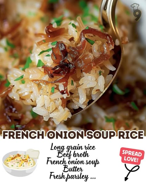 Starch Side Dish, French Onion Soup Rice, Onion Soup Rice, French Onion Rice, Onion Rice Recipe, Dinner Schedule, Good Food Dinner, No Egg Recipes, Ideas For Supper