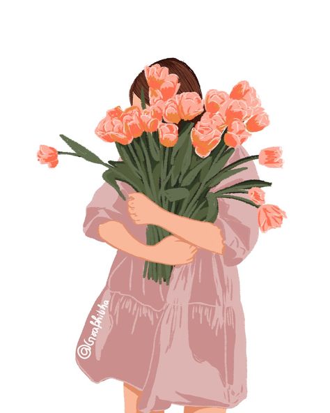 Women holding tulip 🌷 flowers in her hand ✋ Digital Art Woman, Woman Holding Flowers, Holding Flowers, Flower Girl, Digital Art, Flowers, Art