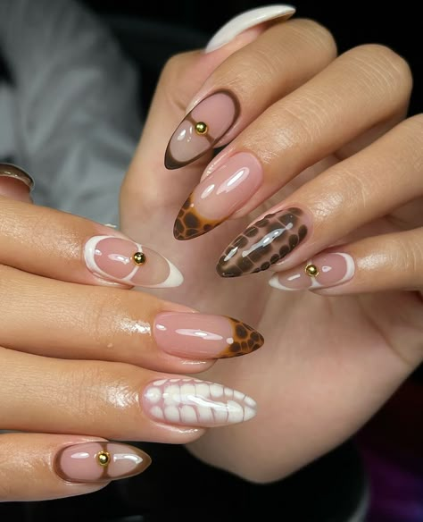 Brown White And Gold Nails, Tortoise Almond Nails, Nail Designs Leopard Print, Brown Nails French, Nails Mismatched, Tortoise Nails, Mismatched Nails, Nails Cheetah, Nails September