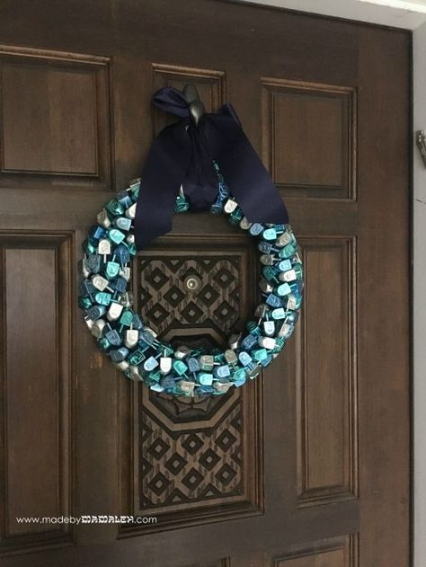 A Hanukkah wreath?! | madebymamaleh Day After Thanksgiving, Felt Flower Wreaths, Jewish Home, Monster Face, Here's The Thing, Silver Ornaments, Rosh Hashanah, Jewish Holidays, Ribbon Work