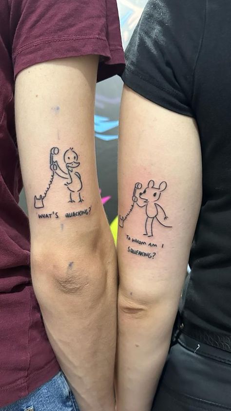 #linework #pun #tattoo #tattooideas #brotherandsister #mouse #duck #telephone #funny #stupid Matching Tattoos Mother Daughter Funny, Mother Daughter Tattoos Funny, Funny Tattoo Drawings, Funny Father Daughter Tattoos, Cute And Funny Tattoos, Funny Fine Line Tattoos, Cartoon Duck Tattoo, Pun Tattoos Funny, Funny Duck Tattoo