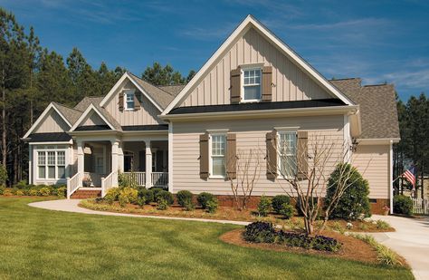 Sandalwood Board and Batten siding with Sandstone trim #siding Beige House Exterior, Vinyl Siding House, Siding House, Tan House, Siding Ideas, Louvered Shutters, Clapboard Siding, Board Batten, Canopy Architecture