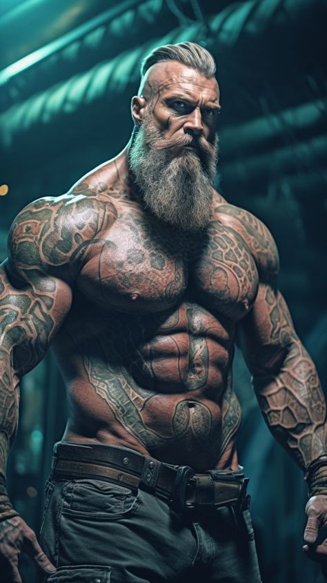 White Beard Tattoo, Viking Men Warriors, Muscular Male Art, Gym Motivation Pictures, Viking Warrior Men, Viking Man, Bodybuilding Art, Viking Warrior Tattoos, Warrior Men