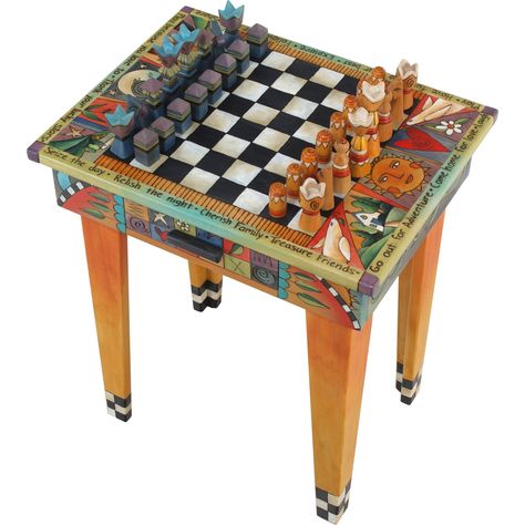 Sticks Game Table with Drawer and Standard Chess Piece Set, GAM042, GPC008-S311518 Artistic Artisan Designer Games Painted Game Table, Recycle Furniture, Paint Games, Sticks Furniture, Furniture Redos, Hand Painted Table, Fantasy Furniture, Auction Projects, Chess Table