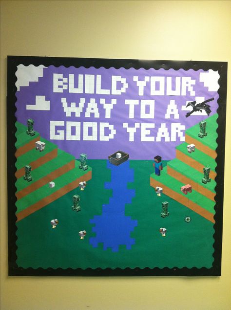 Minecraft Mine Craft bulletin board Minecraft Bulletin Board Ideas, Minecraft Bulletin Board, Technology Classroom Decor, Minecraft Door, Minecraft Classroom, School Attitude, Board Decoration Ideas, Minecraft Mine, Minecraft School