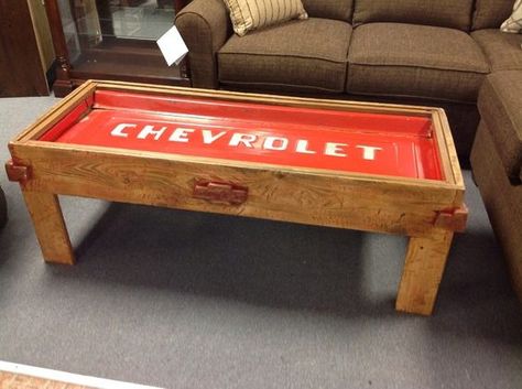 chevrolet tailgate coffee table | rustic-chevy-tailgate-table-cool-custom-furniture.  When the kids are older K would love this in ford!: Truck Furniture, Tailgate Bench, Tailgate Table, Car Part Furniture, Automotive Furniture, Woodwork Projects, Car Furniture, Automotive Decor, Cool Tables