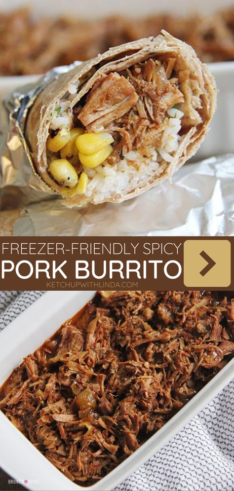 Freezer-friendly shredded Spicy Pork Burrito slow-cooked all day leaving it tender, juicy, and full of flavor! This comfort food recipe is so easy to make, especially when the busy season started. Perfect to serve over rice too! Make this recipe for fall! Cold Burritos For Lunch, Pork Burritos Mexican, Freezing Pulled Pork, Pulled Pork Burritos, Shredded Pork Recipes, Pork Burritos, Loin Recipes, Frozen Burritos, Freezer Breakfast Burritos