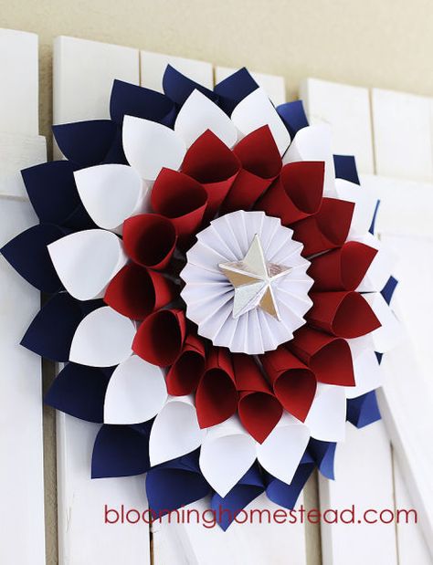 A (paper) firework gives guests an enthusiastic welcome. Just roll and glue cardstock for the perfect opening statement.  fourth-wreathClick through for more 4th of July decorations for celebration. Memorial Decorations, Diy Patriotic Wreath, Patriotic Diy, Fourth Of July Decorations, 4th July Crafts, Blue Crafts, Fourth Of July Decor, Paper Wreath, Semper Fi