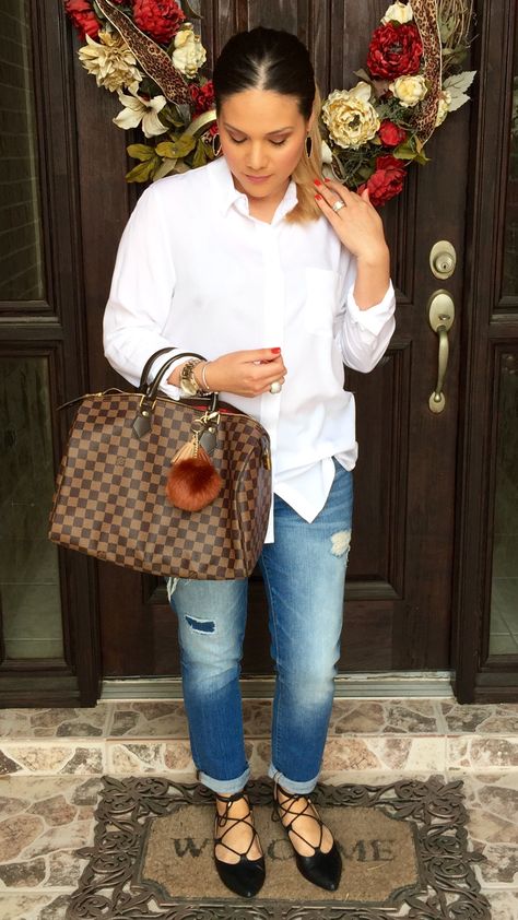 White shirt | banana republic | distressed | torn | ripped | boyfriend jeans | gap | lace up flats | black | ideas | spring | outfit | chic | Kendra Scott earrings | sky | gold | Louis Vuitton | speedy 35 | damier ebene / mommy style Speedy 30 Outfit, Louis Vuitton Speedy Outfit, Louis Vuitton Outfit Ideas, Gold Louis Vuitton, Louis Vuitton Shirts, Louis Vuitton Handbags Neverfull, Louis Vuitton Bag Outfit, Louis Vuitton Dress, Louis Vuitton Speedy 35