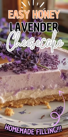 Honey Lavender Cheesecake Honey Lavender Pie, Cheesecake Slices Presentation, Honey Lavender Dessert, Lemon Lavender Cheesecake, Dessert Auction Recipes, Honey Lavender Cheesecake, Lavender Deserts, Lavender Cheesecake Recipe, Lavender Honey Cake