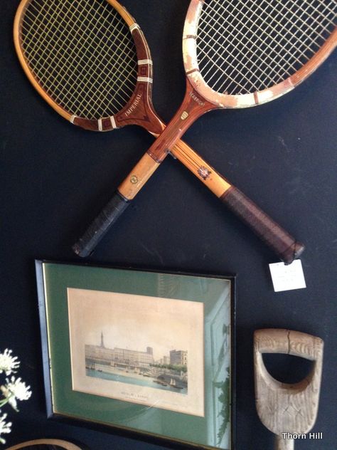 Decorating With Tennis Rackets, Decorating With Vintage Tennis Rackets, Hang Tennis Rackets On Wall, Old Tennis Rackets Ideas, Tennis Rackets On Wall, Tennis Room, Vintage Sports Equipment Decor, Tennis Racket Decor, Vintage Rackets Decor