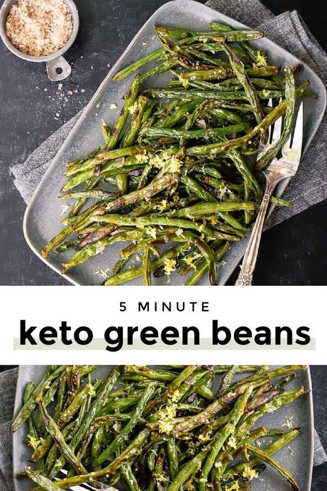 *NE W* Garlicky, caramelized, 5-minute keto green beans? Serious crunch? 1 dish? Way tastier, crispier, easier than blanched? Sign. Me. Up! #lowcarbgreenbeans #ketogreenbeans Keto Green Beans, Oven Roasted Green Beans, Keto Green, Pine Kitchen, Roasted Green Beans, Low Carb Side Dishes, Side Dish Recipes Easy, Keto Side Dishes, Green Bean Recipes