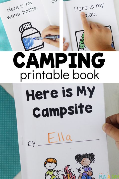 Free camping printable book perfect for your next kindergarten, pre-k, or preschool camping theme. Explore high frequency words, phonics, and other early literacy skills with the book. Click on the Fun-A-Day.com link to request the camping emergent reader. Camping For Preschoolers, Easy Camping Crafts For Preschool, Camp Theme Preschool Activities, C Is For Camping, Camping Stickers Free Printable, Kindergarten Camping Activities, Camp Activities For Preschoolers, Camping Centers For Preschool, Camping Literacy Night