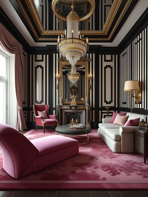 Hollywood Regency living room with striped walls, mirrored ceiling, and pink chaise Hollywood Regency Interior Design, Pink Chaise, Regency Interior Design, Mirrored Ceiling, Hollywood Regency Living Room, Regency Living Room, Regency Interior, Hollywood Regency Interior, Sofa Couch Design