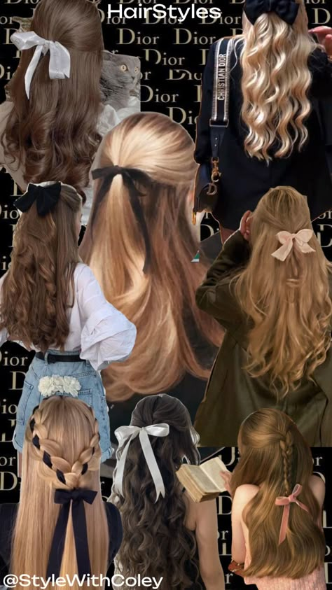 HairStyles | Old Money | Bow Hairstyles | Old Money Fashion | @StyleWithColey #hairstyle #hairgoals #oldmoneyfashion #oldmoneyinspo Mullet Hairstyles, Girly Hairstyles, Hairstyle Examples, Old Hairstyles, Long Hairstyle, Romantic Hairstyles, Bow Hairstyle, Trendy Hairstyle, Ribbon Hairstyle