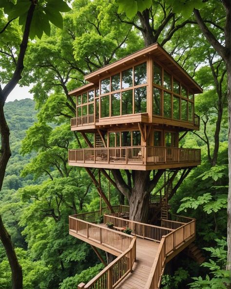 20 Coolest Tree House Ideas For Endless Backyard Fun – ToolzView Tree House No Tree, Camp Grounds Ideas, Tree House Homes, Cute Treehouse, Awesome Tree Houses Rustic, Treehouse Between 2 Trees, Connected Treehouses, Modern Treehouse Kids, Tree House Ideas