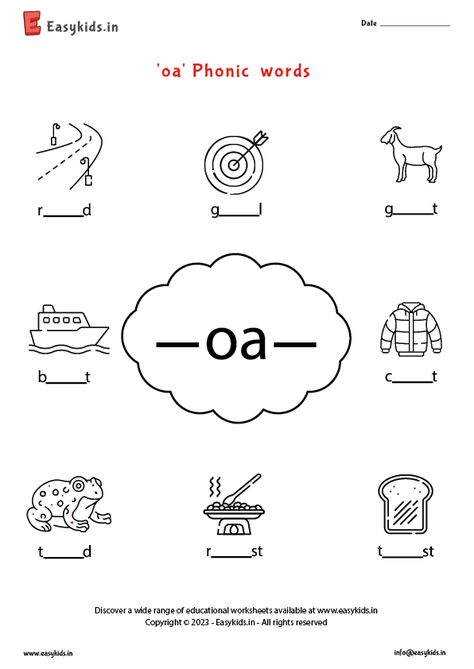 Oa Words Worksheet, Oa Words, Vowel Teams Worksheets, Teaching Vowels, Digraphs Worksheets, Words Worksheet, Digraph Words, Cvc Worksheets, Cvc Words Worksheets