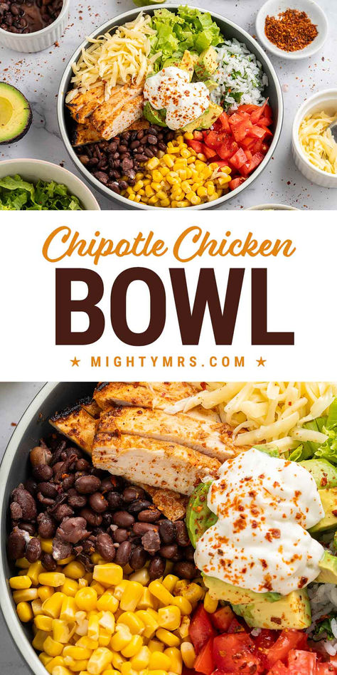 Chipotle Chicken Burrito Bowl Chipotle Chicken Burrito Bowl, Chipotle Chicken Burrito, Meat Marinades, Chipotle Chicken Bowl, Chicken Cilantro, Bowl Ingredients, Rice Black Beans, Chicken Bowl Recipe, Black Beans Corn