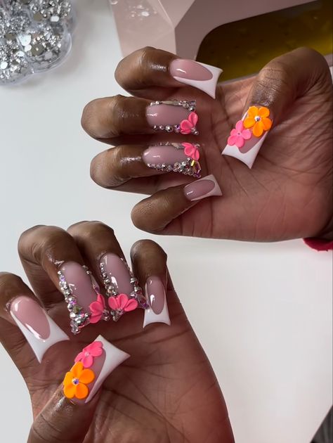 Duck Nails With 3d Flowers, Flower Duck Nails, 3 D Flower Nails, Vacation Nail Inspiration, Cute Vacation Nails, 3d Flower Nails, Duck Nails, Long Acrylic Nail Designs, Colored Acrylic Nails