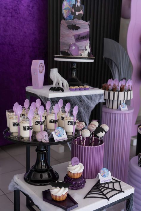 Wandinha Birthday Party Ideas | Photo 1 of 24 | Catch My Party Birthday Party Wednesday Theme, Wednesday Birthday Theme Ideas, Wednesday Addams Birthday Party Table, Wednesday Table Decorations, Wensday Adams Birthday Party Decorations, Wensday Birthday Party Ideas, Addams Birthday Party, Wednesday Addams Dessert Table, Addams Family Theme Party Food