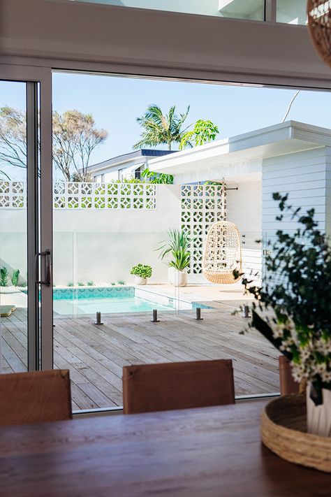 Pool On A Budget, Kyal Kara, Cinderblock Wall, Kyal And Kara, Curved Patio, Breeze Block Wall, Coastal Patio, Pool Backyard, Sky Light