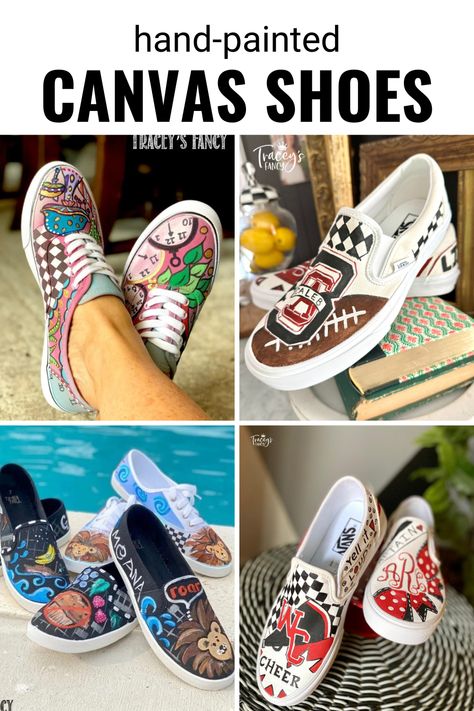 four sets of funky, custom painted canvas shoes Shoe Coloring Ideas, Canvas Shoe Art Ideas, Painted Canvas Shoes Ideas, How To Paint Canvas Shoes, Hand Painted Shoes Ideas, Canvas Shoe Painting, Painting Canvas Shoes, Shoe Painting Ideas, Shoe Customization