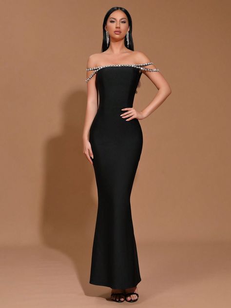 New Heavy-Duty Shoulder Strap Rhinestone Embellished Long Tight-Fitting Bandage Dress, With Shoulder Revealing Design For Wedding/Party Formal Dinner Women's Evening Gown Black Glamorous,Party  Sleeveless Knitted Fabric Colorblock,Plain Bodycon High Stretch  Weddings & Events, size features are:Bust: ,Length: ,Sleeve Length: Prom Dresses Black Sparkle, Shein Evening Dress, Prom Dress Flat Chest, Long Bodycon Dress Formal, Black Tie Attire For Women Dresses, Shein Dress Formal, Long Dinner Dresses, Pink Classy Dress, Black Dress Mermaid