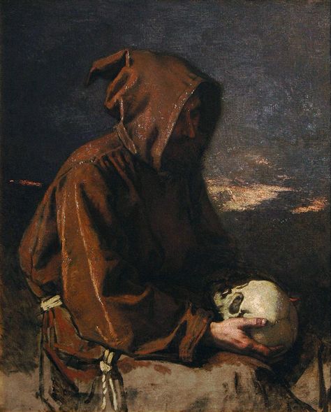 Monk Contemplating A Skull, by Thomas Couture Thomas Couture, A Skull, Couture, White, Black