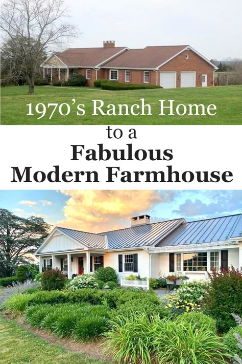 Discover how a dated red brick house was transformed into a stunning white-clad, modern farmhouse. Get inspired by this exterior home makeover, perfect for those seeking unique updating ideas. Click to see the amazing before and after pictures. Ranch Redo Before And After, Red Brick Ranch Exterior, Red Brick Ranch House, Brick Ranch House Exterior, Brick Ranch Exterior Makeover, Brick Ranch Remodel, Red Brick Ranch, Ranch Exterior Makeover, Brick Ranch Exterior