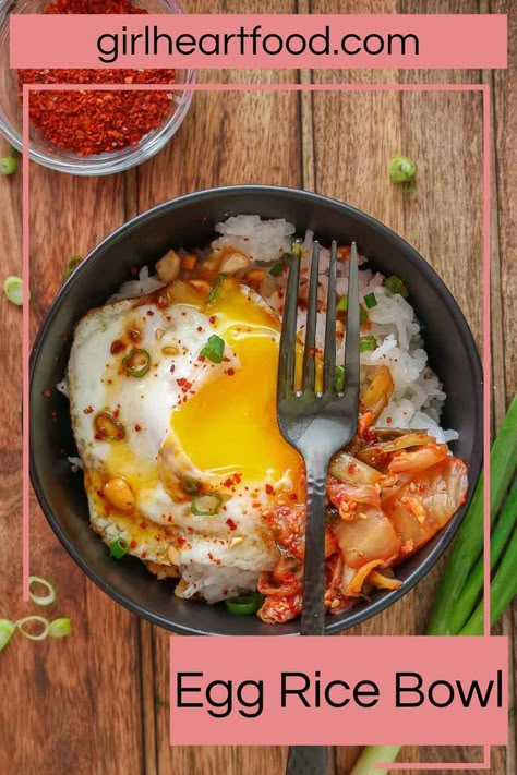 Egg And Kimchi Rice Bowl, Kimchi For Breakfast, Breakfast With Rice And Egg, Rice And Kimchi Bowl, Meals With Kimchi Rice Bowls, Fried Egg Rice Bowl, Rice And Kimchi Recipe, Rice Kimchi Bowl, Rice Bowl With Egg