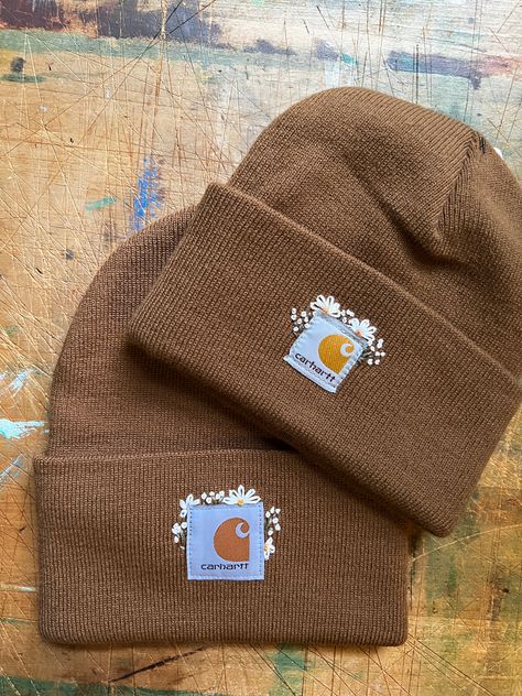 Cathartic Hat Embroidered, Embroidered Carhartt Beanie Flowers, Embroider Beanie Diy, Bandana Embroidery Ideas, Beanie Hand Embroidery, Carhartt Embroidery Diy, How To Embroider A Beanie, Fun Things To Embroider, How To Embroider Carhartt Beanie