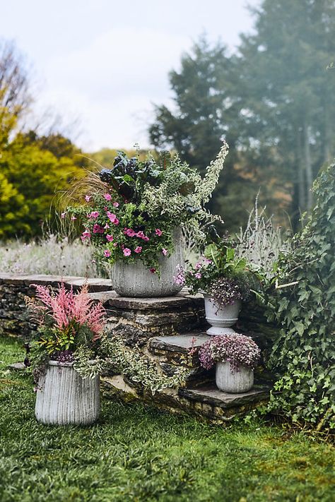 Natural texture and neutral tones combine for a simple, striking planter that looks great in any style container garden, indoors and out. | Roll Top Ceramic Planter in White, Size: 19" at Terrain Johanna Gaines Garden, Cottage Planters, Napa House, Garden Vignettes, Garden Arch Trellis, Potting Table, Landscape Inspiration, Fall Planters, White Pot