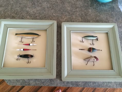 Fishing Display Ideas, Toddler Fishing Bedroom, Fishing Pole Wall Decor, Decorating With Fishing Poles, Fishing Lure Shadow Box Ideas, Fishing Bathroom Ideas, Vintage Fishing Nursery, River Cabin Decorating Ideas, Fishing Decor Diy