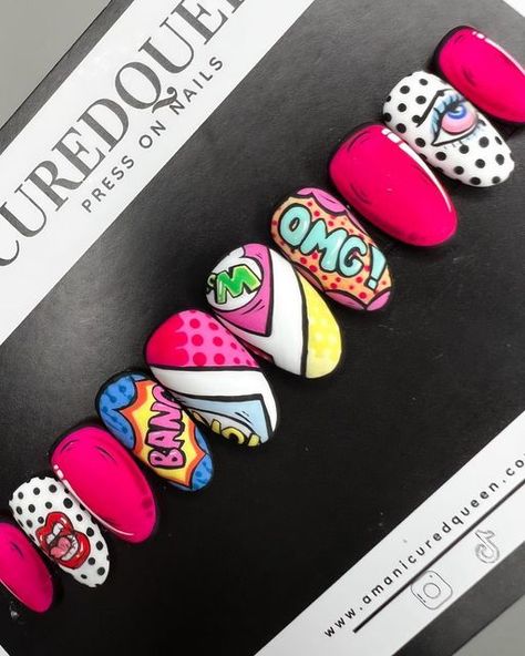 more in telegram Comic Nail Art, Comic Book Nails, Maroon Nail Art, Book Nail Art, Maroon Nail, Graffiti Nails, Pop Art Nails, Boho Nails, Funky Nail Art