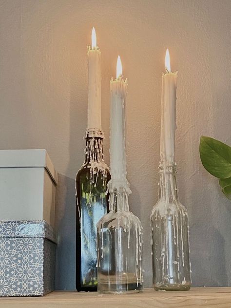 Drippy Candles Aesthetic, Candle Wine Bottle Aesthetic, Candle Bottle Aesthetic, Alcohol Bottle Candles, Candles In Bottles, Minimal Apartment Decor, Drippy Candles, Alcohol Bottle Decorations, Living Room Minimal