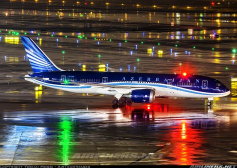 Azerbaijan Airlines, Boeing 777x, 787 Dreamliner, Boeing 787 8, Boeing 787 Dreamliner, Aviation Posters, Night Flight, Pouring Rain, Air Plane