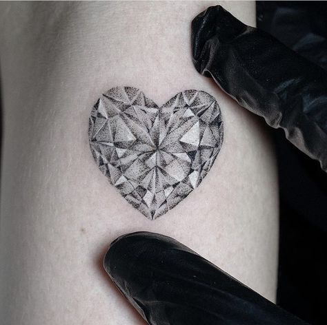 Fine Line Gem Tattoo, Black And Grey Gem Tattoo, Black And Gray Jewel Tattoo, Dotwork Heart Tattoo, White Diamond Tattoo, Glass Heart Tattoo, Stone Heart Tattoo, Heart Diamond Tattoo, Crystal Heart Tattoo Design