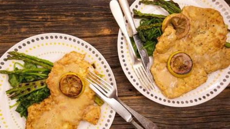 Pork Française | Rachael Ray Show Pork Francaise Recipe, Pork Entrees, Pork Cutlet, Rachael Ray Recipes, Pork Ham, Creamy Mushroom Sauce, Pork Cutlets, Chops Recipe, Grilled Asparagus