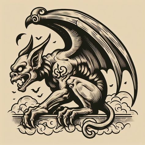 Simple Gargoyle Tattoo, American Traditional Gargoyle Tattoo, Geiger Tattoo, Gothic Tribalism Tattoo, Gargoyle Drawing Sketch, Medieval Gargoyles, Mythical Creature Tattoo, Gargoyle Tattoo Design, Gargoyle Tattoo For Women