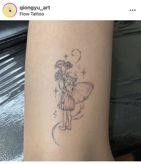 Delicate Fairy Tattoo, Vintage Fairy Tattoo, Rose Fairy Tattoo, Garden Fairy Tattoo, Cicely Mary Barker Tattoo, Fairy Tattoo Dainty, Flower Fairy Tattoo, Traditional Fairy Tattoo, Fairy Holding Flower Tattoo