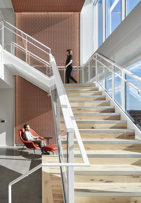 Staircase at nVent’s Minneapolis office Office Staircase, Commercial Stairs, Office Architecture, Building Stairs, Corporate Interiors, Interior Stairs, Office Snapshots, Workplace Design, Commercial Interior Design