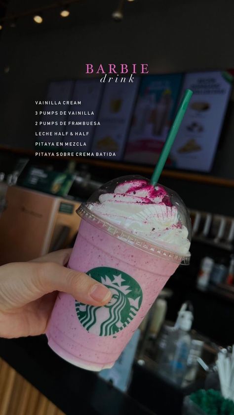 Starbucks Barbie Pink Drinkorder this 👆🏻 Starbucks Pink Drink Recipe, Summer Coffee Drinks, Pink Drink Starbucks, Starbucks Drink Menu, Pink Drink Recipes, Starbucks Secret Menu Recipes, Cold Starbucks Drinks, Secret Starbucks Recipes, Starbucks Drinks Diy