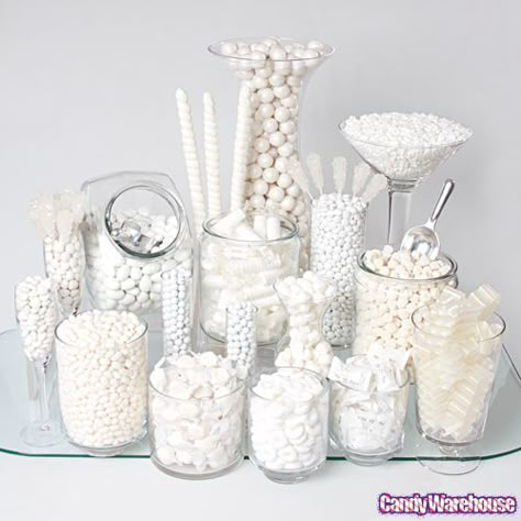 CandyWarehouse.com | Intimate Weddings - Small Wedding Blog - DIY Wedding Ideas for Small and Intimate Weddings - Real Small Weddings White Candy Buffet, Winter Wonderland-party, Bubble Candy, White Party Theme, Wedding Desert, White Buffet, Candy Bar Wedding, Wedding Reception Ideas, White Baby Showers