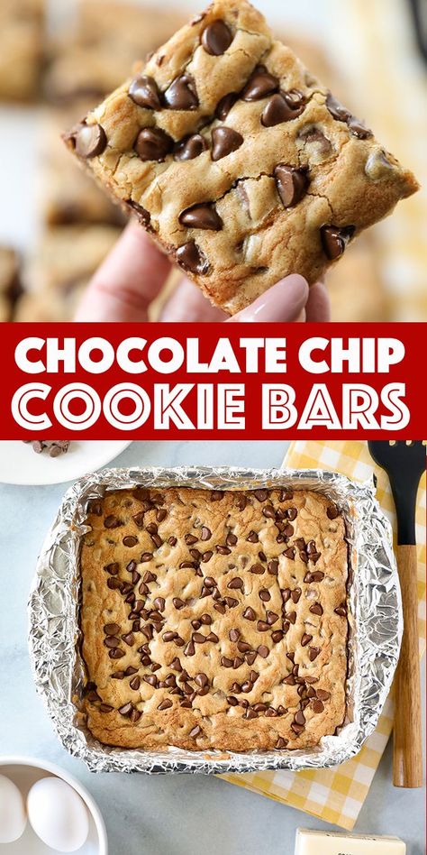 Thick and soft chocolate chip cookie bars baked in a 8x8 pan. This smaller batch version of my popular cookie bar recipe is perfect for families! Soft Chocolate Chip Cookie Bars, Easy Chocolate Chip Cookie Bars, Chocolate Chip Cookie Bar, Soft Chocolate Chip Cookie, Chocolate Chip Cookie Bar Recipe, Easy Chocolate Chip Cookie, Popular Cookies, Chocolate Chip Bars, 8x8 Pan