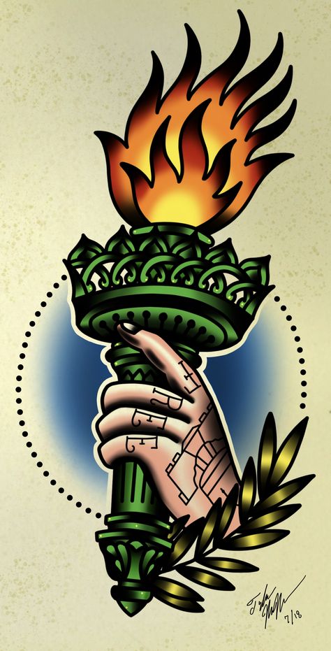 Freedom torch #tattoo #traditionaltattoo #america #liberty #statue #flashtattoo Traditional Tattoo Torch, Torch Tattoo, Statue Of Liberty Tattoo, Justice Tattoo, Liberty Tattoo, Freedom Tattoos, Liberty Statue, Fire Graphic, Patriotic Tattoos