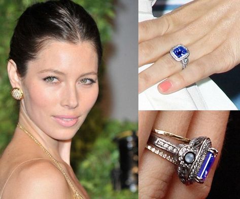 11 Celebrity Engagement Rings Reinvented With Sapphires Jessica Beal, Engagement Rings Celebrities, Famous Engagement Rings, Celebrity Wedding Rings, Rings With Diamonds, Rings Blue, Blue Engagement Ring, Celebrity Engagement Rings, Engagement Celebration