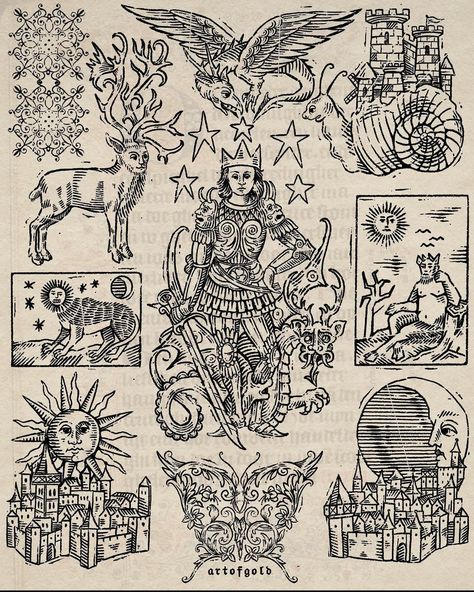 Medieval Manuscript Tattoo, Folktale Tattoo, Medieval Symbols Design, Gothic Folk Aesthetic, Occult Art Tattoo, Archaeology Tattoo, Folk Creatures, Medieval Tattoo Flash, Medieval Woodcut Tattoo