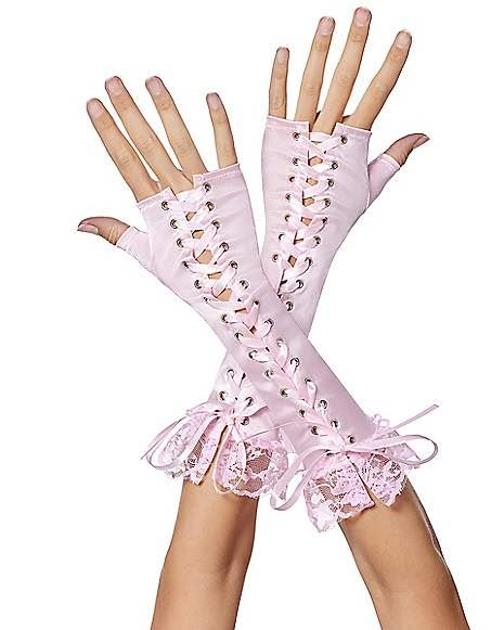 Long Pink Lace-Up Fingerless Gloves - Spirithalloween.com Coachella Art, Doja Cat Concert, Pink Fingerless Gloves, Oc Cosplay, Concept Fashion, Pink Gloves, Vtuber Model, Festival Inspo, Burning Man Outfits