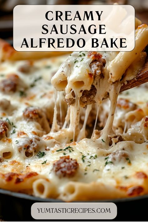 Savor the rich, creamy flavors of this sausage Alfredo bake! Packed with tender pasta, savory sausage, and a luscious Alfredo sauce, it’s a dish your whole family will love. Perfect for weeknight dinners or special occasions—easy to make, impossible to resist!  #AlfredoBake #ComfortFood #SausageRecipes #EasyDinnerIdeas #PastaLovers Alfredo And Sausage Pasta, Alfredo Sausage Pasta, Sausage Alfredo Bake, Baked Alfredo, Sausage Alfredo Pasta, Sausage Alfredo, Alfredo Bake, Stuffed Shells Recipe, Alfredo Recipe